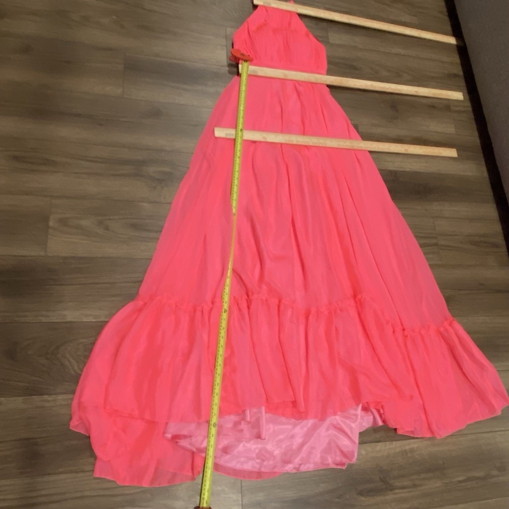 Mac Duggal Hot Pink High Neck Tiered Chiffon Halter Side Slit Gown Size 2 $258 - Picture 9 of 16